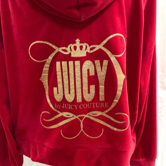 Juicy By Juicy Couture Red Velour Zip Hoodie XL Gold Glitter Logo Track Jacket - Picture 5 of 9